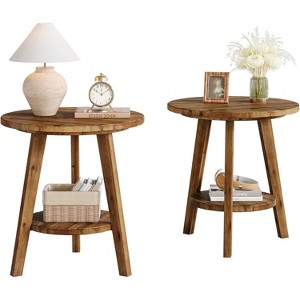 Lantine Solid Wood Round Side Table, 2-Tier Farmhouse End Table with Storage Shelf, Nightstand for Living Room, Bedroom, Easy Assembly - 1 of 4