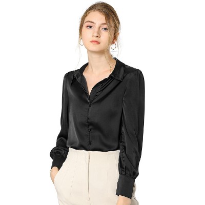 Allegra K Women's Satin Puff Sleeve Point Collar Vintage Button Up ...