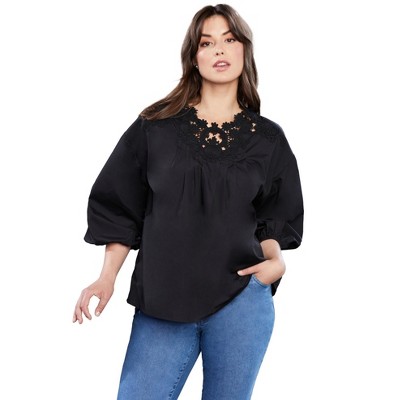 June + Vie By Roaman's Women’s Plus Size Lace La Vie Poplin Top, 30/32 ...