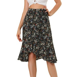 Allegra K Women's Floral Printed Self Tie Knot High-Low Ruffle Hem Wrap Skirt - 1 of 4
