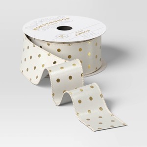 15’ Christmas Premium Satin Ribbon Ivory/Gold Dots - Wondershop™ - 1 of 3