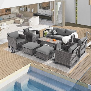 Sonkuki 8-Piece Patio Conversation Set with Ottoman and Side Table, Navy Blue Cushion - 1 of 4