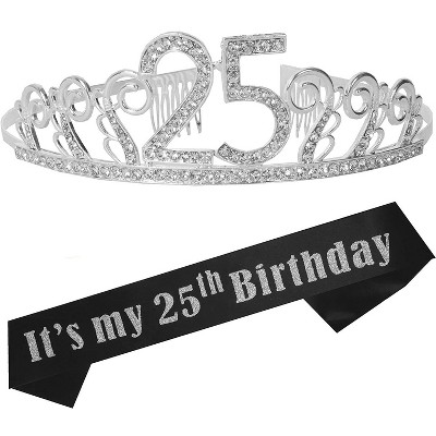 Meant2tobe 25th Birthday Sash And Tiara For Women, Silver Rhinestone ...