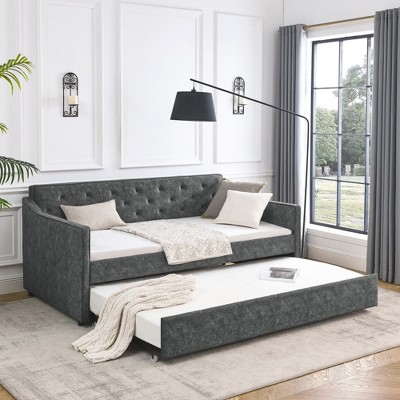 NicBex 80.5" Twin Daybed Upholstered Twin Day Bed with Trundle, Tufted Button and Copper Nail for Living Room