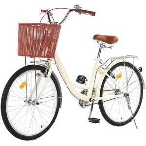 Acekool 24 Inch Beach Cruiser Bike for Women, 1 Speed Step Through, Basket Included, Adjustable Seat, Comfortable Commuter Bicycle Beige - 1 of 4