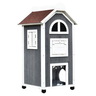 43"H Wooden Cat House Outdoor with Hammock, Weatherproof 3-Floor Feral Cat Shelter with Escape Doors, Asphalt Roof, Inside Ladders