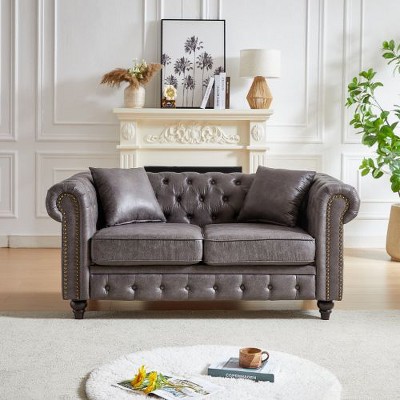CAVINAS Loveseat Sofa with Button Design and Cushions for Bedroom, Chesterfield Sofa with Rolled Arms, Tech Fabric Vintage Couches for Living Room