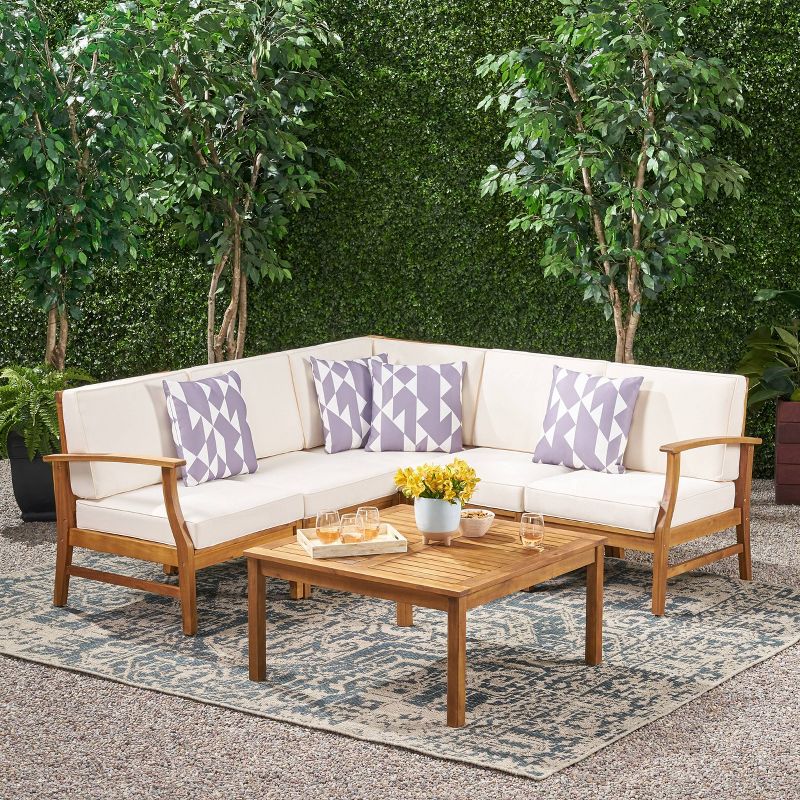 Perla 6pc Acacia Wood Patio Chat Set w/ Water Resistant Cushions - Cream - Christopher Knight Home, 1 of 7