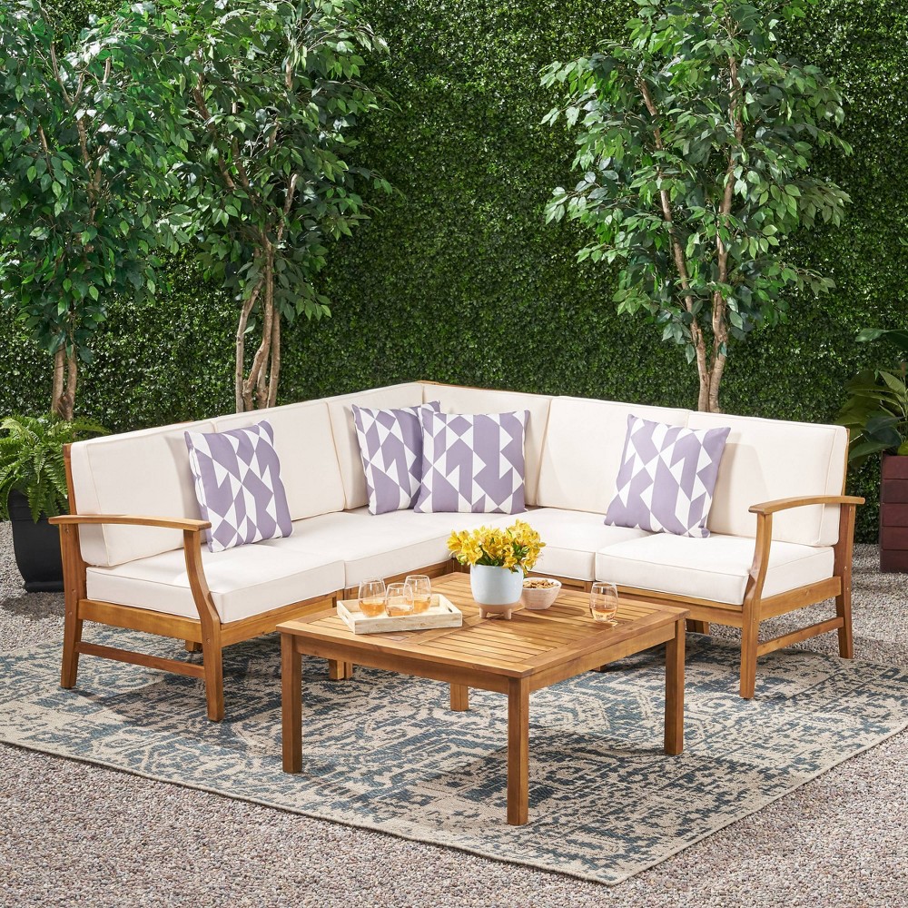 Photos - Garden Furniture Perla 6pc Acacia Wood Patio Chat Set w/ Water Resistant Cushions - Cream 