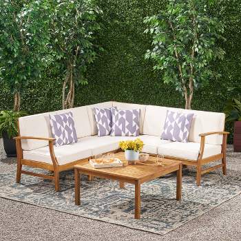 Perla 6pc Acacia Wood Patio Chat Set w/ Water Resistant Cushions - Cream - Christopher Knight Home