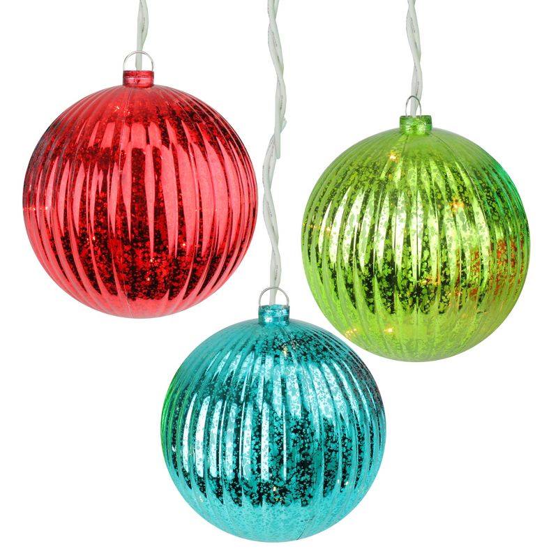 Penn Set of 3 Lighted Multi-Color Mercury Glass Finish Ribbed Ball Christmas Ornaments - Clear Lights, 1 of 3