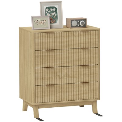 HOMCOM Fluted Dresser for Bedroom with 4 Drawers, Chest of Drawers with Gold Finger Pulls and 4 Wood Legs