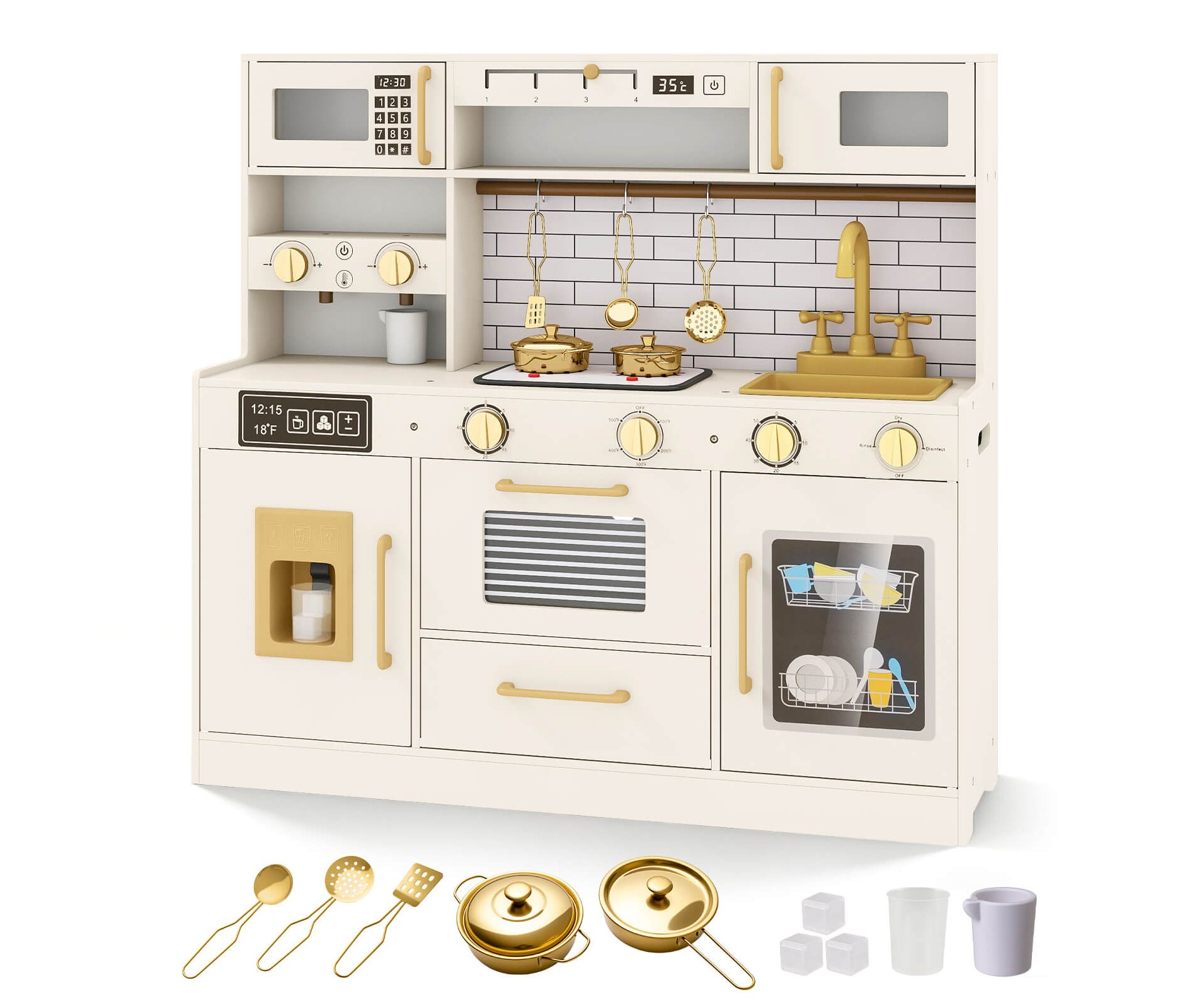 Costway Kids Play Kitchen with Stoves, Light, Sound, Faucet, Sink, Ice Dispenser, Microwave