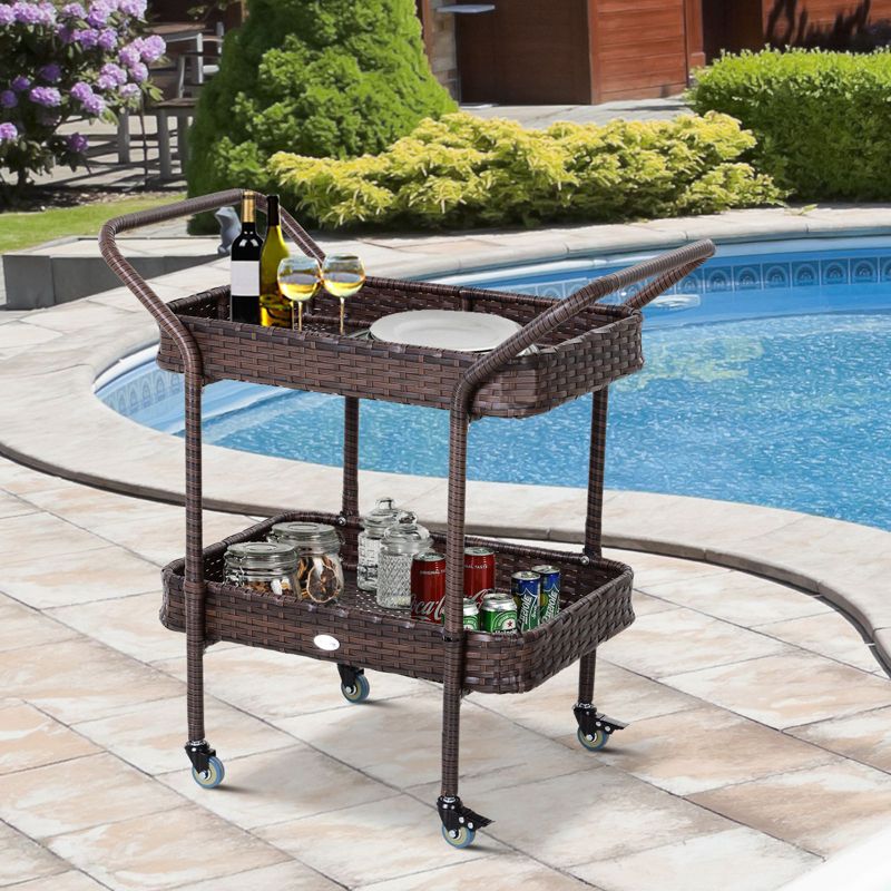 Outsunny Rattan Wicker Serving Cart with 2-Tier Open Shelf, Outdoor Wheeled Bar Cart with Brakes for Poolside, Garden, Patio, 2 of 9