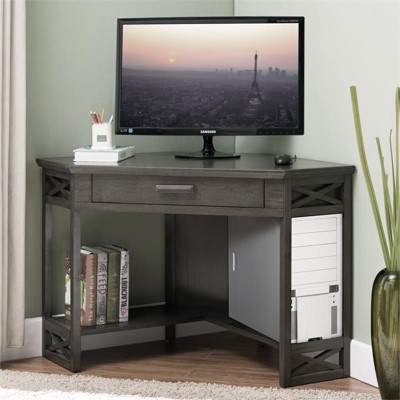 Smoke Gray Real Oak Corner Desk with Keyboard Tray and Drawer