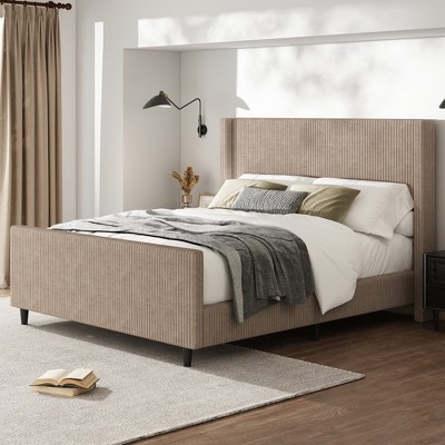 Merax Luxurious Corduroy Upholstered Bed Frame with Vertical Stripe Wingback Headboard