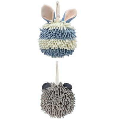 REGALWOVEN 2 Packs Fluffy Chenille Rabbit Shape Cute Soft Absorbent Hanging Ball Hand Towels 7" x 7"