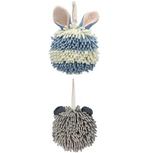 REGALWOVEN 2 Packs Fluffy Chenille Rabbit Shape Cute Soft Absorbent Hanging Ball Hand Towels 7" x 7" - 1 of 4
