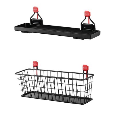 Rubbermaid Outdoor Metal Backyard Storage Accessories Shelf, Black and Rubbermaid Wall-Mounted Storage Wire Basket Tool Organizer