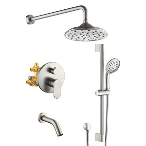 Mondawe 8 Inch 3-functions Wall Mounted Rainfall Shower Body Round Top Spray System with Handheld and Faucet - 1 of 4