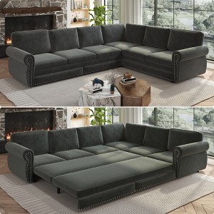 118" Oversized L-Shaped Chenille Sectional Sofa with Pull-Out Bed, Nailhead Trim & Rolled Arms, Convertible Sleeper Couch with Storage for Living Room - 1 of 4