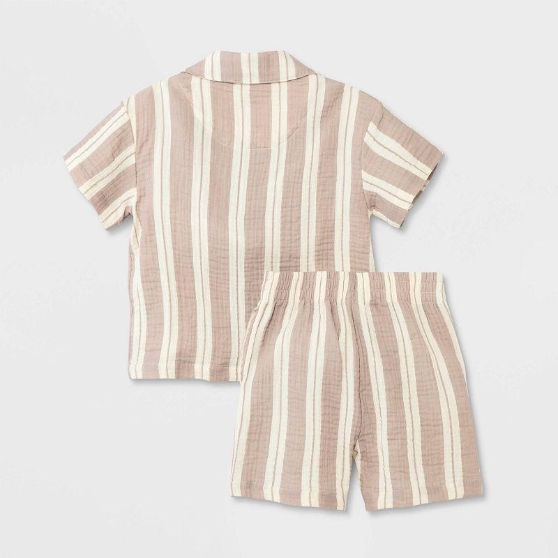 Grayson Mini Toddler Boys' Short Sleeve Striped Button-Down Shorts Set - Beige, 2 of 5