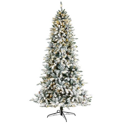 Nearly Natural 8-ft Flocked Livingston Fir Artificial Christmas Tree with Pine Cones and 500 Clear Warm LED Lights