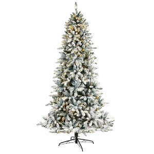 Nearly Natural 8-ft Flocked Livingston Fir Artificial Christmas Tree with Pine Cones and 500 Clear Warm LED Lights - 1 of 4