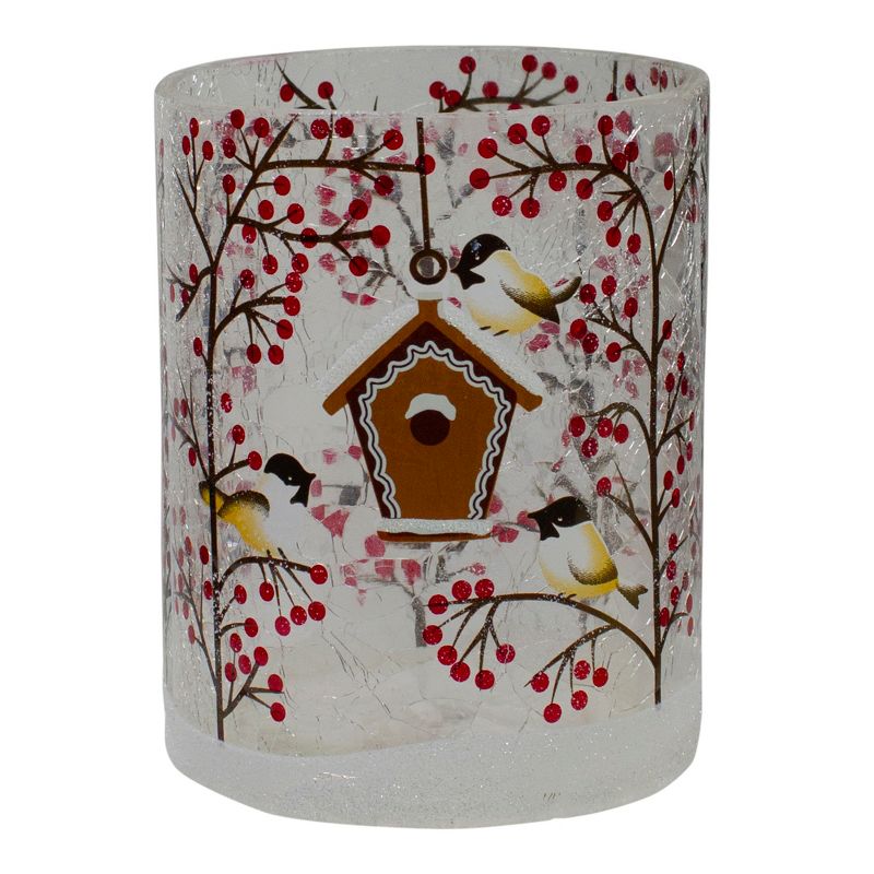 Northlight 5" Hand Painted Sparrows and Berries Flameless Glass Christmas Candle Holder, 1 of 7
