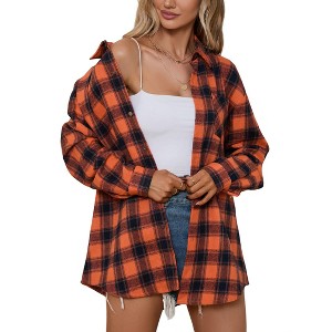 Womens Fashion Plaid Flannel Jacket Casual Long Sleeve Button Collared Neck Oversized Shirts - 1 of 4