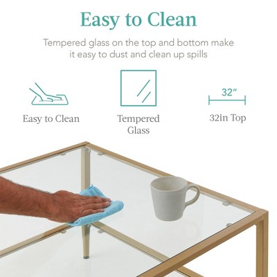 Elegant Gold 35" Square 2-Tier Glass Coffee Table