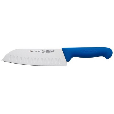 Messermeister Four Seasons Carbon Alloy 7 Inch Kullenschliff Santoku Knife with Blue Handle