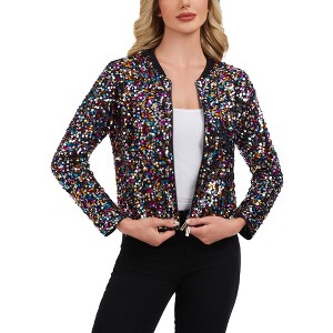 Anna-Kaci Women's Sequin Bomber Jacket with Zipper Front and Ribbed Trim - 1 of 4