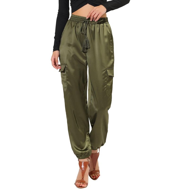 Allegra K Women's Drawstring Elastic High Waist Cargo Pocket Silky Satin Pants, 1 of 7