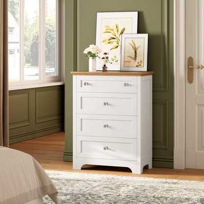 White 4-Drawer Dresser with Mirror, Built-In Charging Station and LED Strip, Modern Vanity Table for Bedroom, Living Room, or Entryway