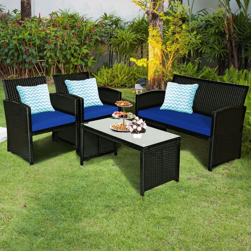Tangkula 4 Piece Outdoor Patio Rattan Furniture Set Navy Cushioned Seat For Garden, porch, Lawn, 2 of 9