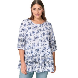 ellos Women's Plus Size Tiered Floral 3/4 Sleeve Tunic - 1 of 4