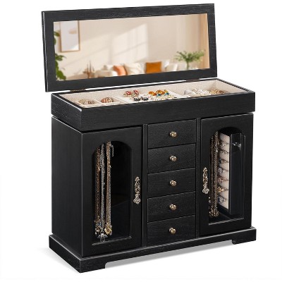 5 Layer Jewelry Storage Case Display, Rustic Wooden Jewelry Organizer Box with Mirror