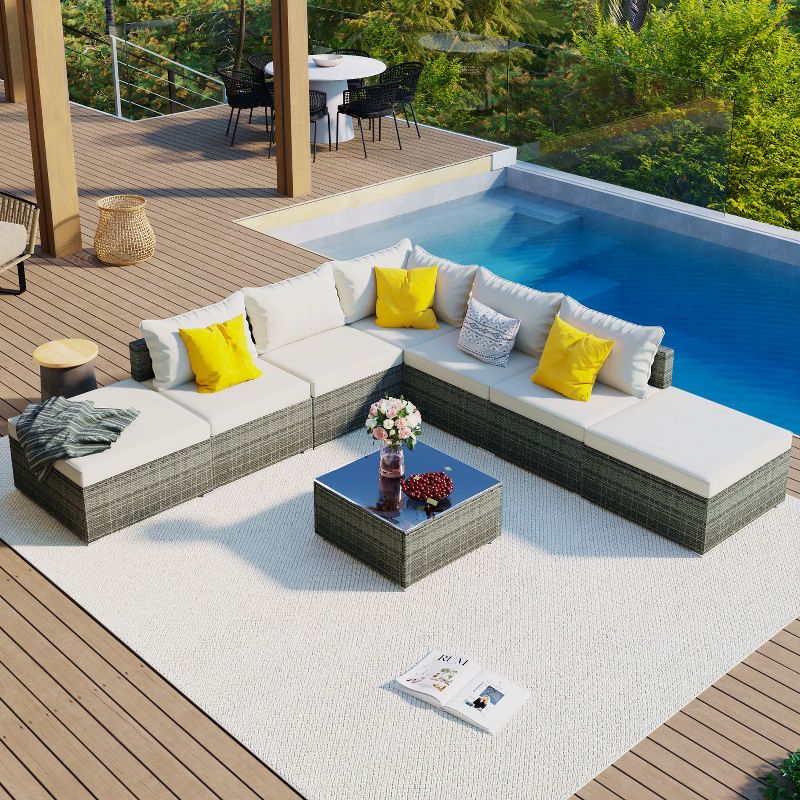 8-Pieces Outdoor Patio Furniture Sets, Garden Conversation Wicker Sofa Set, Single Sofa Combinable,Gray Wicker-Maison Boucle, 2 of 10