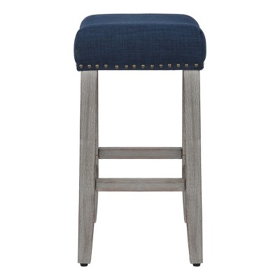 Navy Blue 24" Wooden Saddle Bar Stool with Linen Upholstery
