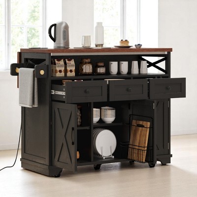 46.5'' Farmhouse Kitchen Island with Drop Leaf, Beaded Drape, 3 Storage Drawers & Wheels for Dining Room or Kitchen