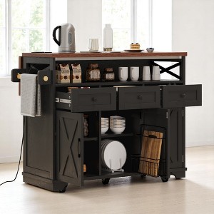46.5'' Farmhouse Kitchen Island with Drop Leaf, Beaded Drape, 3 Storage Drawers & Wheels for Dining Room or Kitchen - 1 of 4