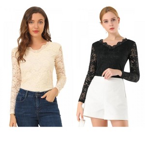 INSPIRE CHIC Women's Floral Embroidery Sheer Long Sleeves Lace Blouse 2 Packs - 1 of 4