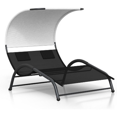 Chaise Lounge with Canopy,Extra Large 2-Person Outdoor Sunbed, Patio Lounge Chair with Adjustable Headrests & Sturdy Metal Frame for Pool, Backyard