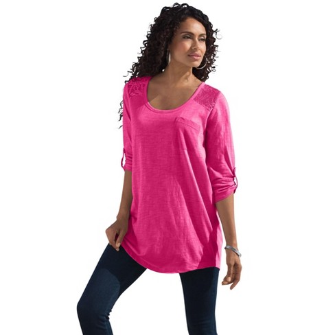 Roaman's Women's Plus Size Cotton Slub Lace Tunic - 1x, Vivid Pink : Target