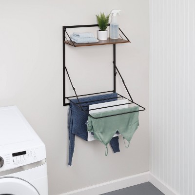 Black and Walnut Wall-Mounted Drying Rack with Shelf