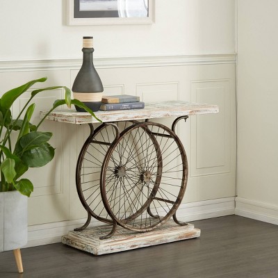Rustic Blue Bike Console Table with Slatted Wood Top and Metal Frame