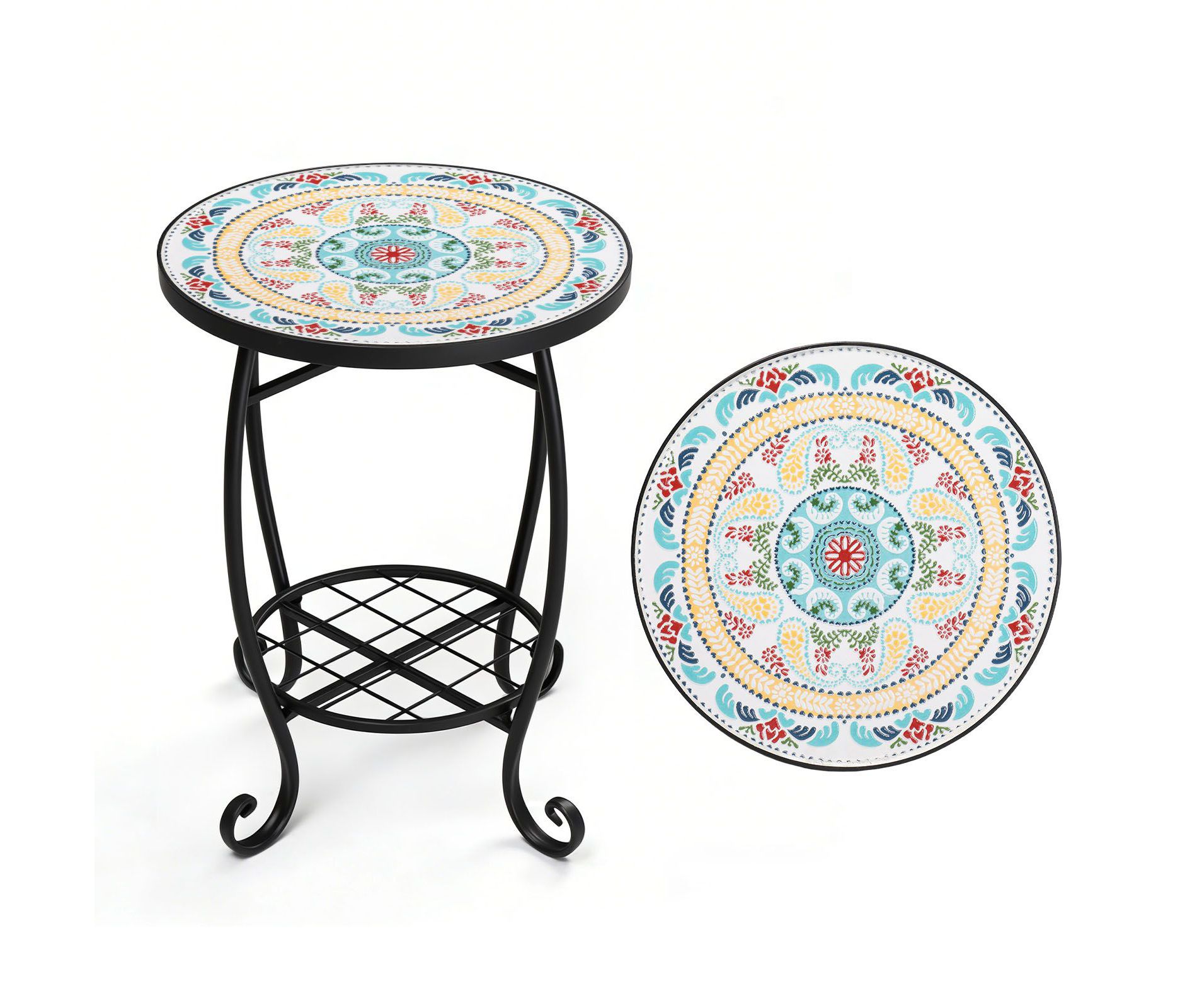 Karl Home | Vibrant Floral Mosaic Side Table with Double-Layer Design