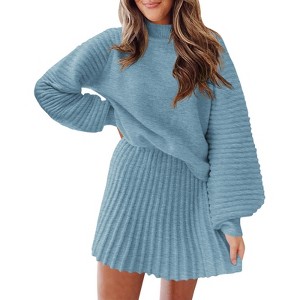 Imily Bela Womens Mock Neck Ribbed Sweaters Mini Skirt Fall Winter 2 Piece Skirt Sets Two Piece Outfits - 1 of 4
