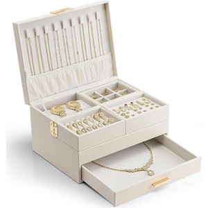 3-Layer Jewelry Box with Retractable Tray and Drawer, Cloud White - 1 of 4